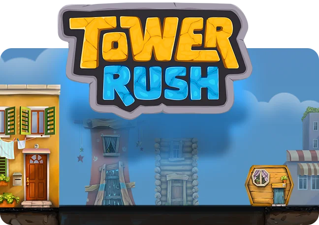 Tower Rush floor-building turbo game by Galaxsys - rising floor tower with the Frozen Floor bonus